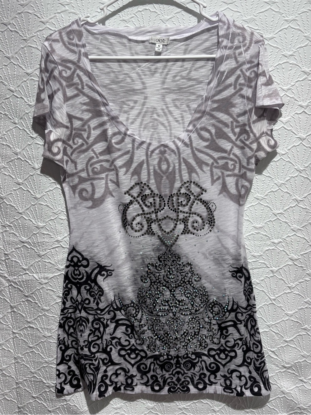 Cache Y2K Rhinestone Tattoo Graphic V Neck Top Womens M Sheer Made USA
